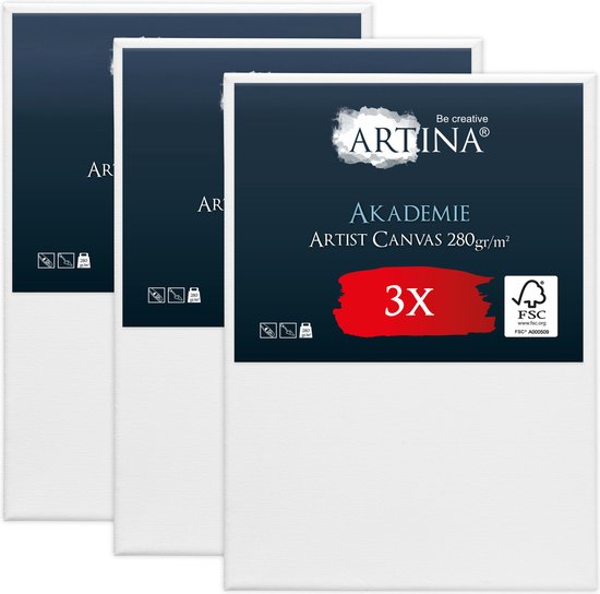 Drie witte schilderdoeken in verpakking met op de voorgrond het Artina logo en 'AKADEMIE ARTIST CANVAS 280gr/m² 3X'.