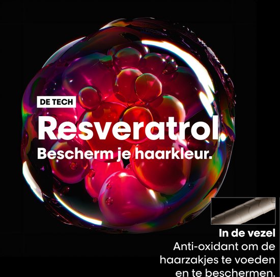 Abstracte illustratie van Resveratrol bubbels met tekst: 'Bescherm je haarkleur'.