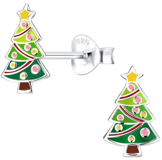 Joie|S - Boucles d'oreilles de Noël en argent - Sapin de Noël avec boules et étoile jaune en guise de pic - 6 x 10 mm - boucles d'oreilles pour enfants