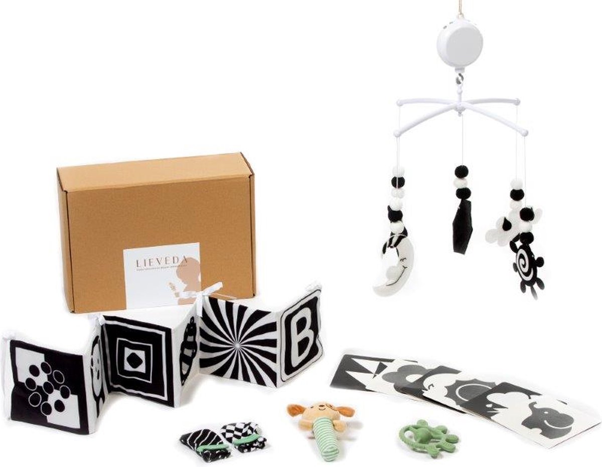 Lieveda Baby Educatief Speelset 8-delige speelcollectie voor baby's van 0-3 maanden Bevordert cognitieve en motorische ontwikkeling Inclusief gepersonaliseerd cadeautje Toegang tot speelgids via QR-code