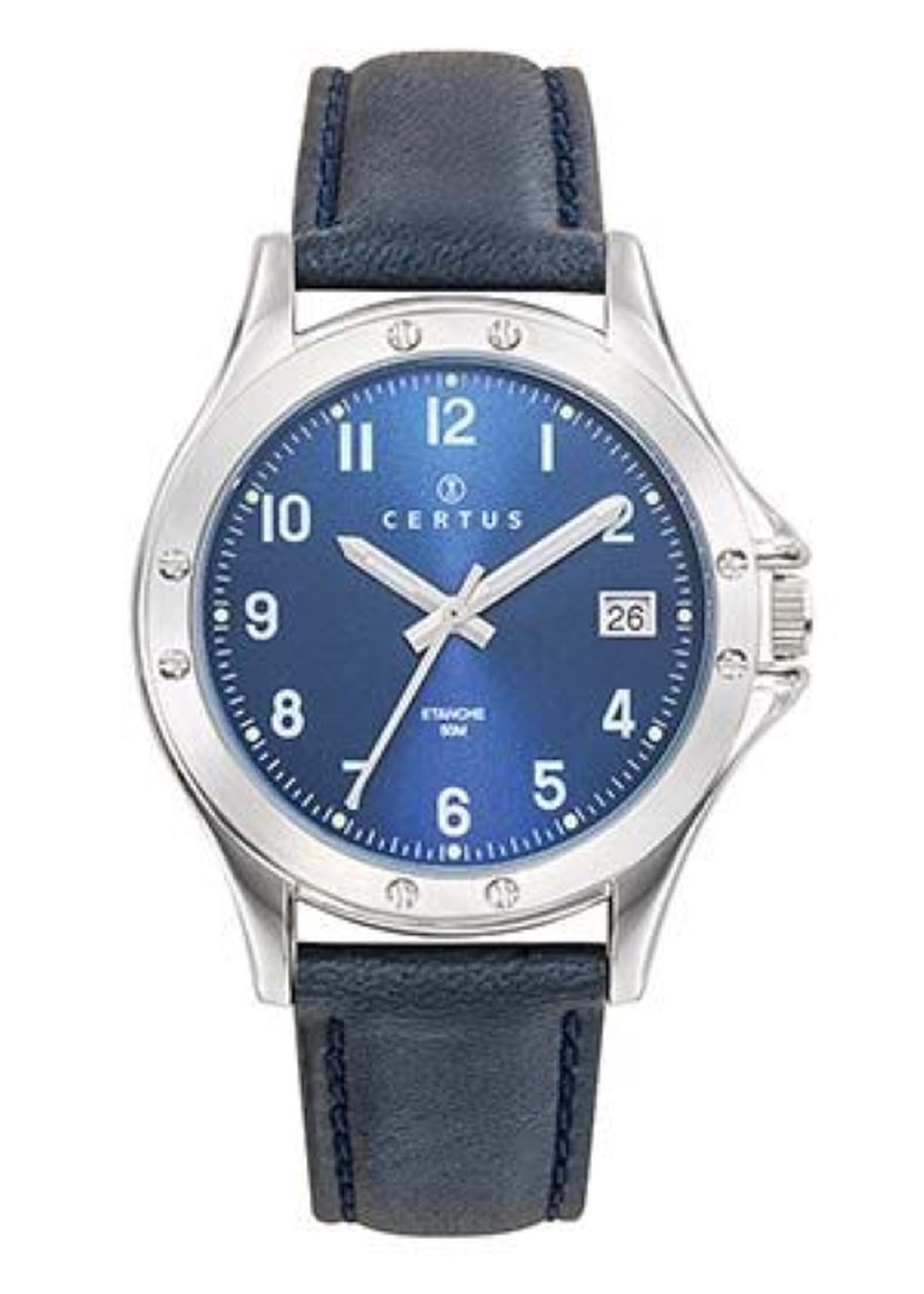 Certus-Horloge-Heren-Lederen band-Datum aanduiding-Blauwe wijzerplaat-39MM