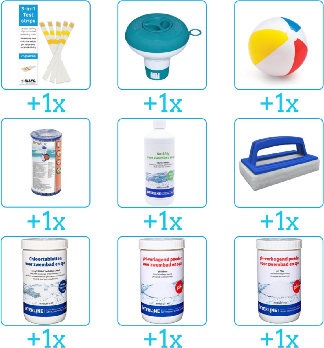 Alles-in-1 Zwembad Onderhoudspakket – bevat Chloor – PH-min – PH-plus – Filter – Anti Alg – Scrubborstel – Testrips – Chloordrijver en Strandbal (9-delig) Alles-in-1 Zwembad Onderhoudspakket – bevat Chloor – PH-min – PH-plus – Filter – Anti Alg – Scrubborstel – Testrips – Chloordrijver en Strandbal (9-delig)