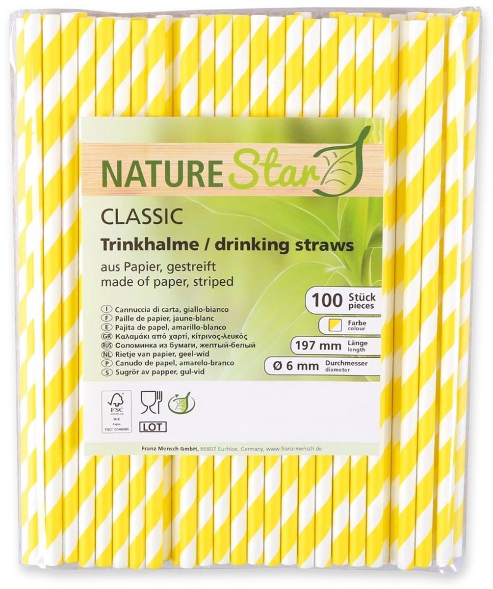 Nature Star - Papieren rietjes 100% biologisch afbreekbaar wegwerp geel/wit gestreept 100 stuks - plastic vrij!