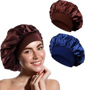 Beyeza Satijnen Slaapmuts - 2 stuks - Bonnet Satijn – Elastisch - Haarnetjes - Slaapmuts Satijn - Blauw/Bruin