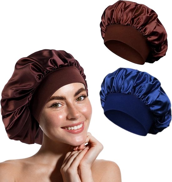 Beyeza Satijnen Slaapmuts - 2 stuks - Bonnet Satijn – Elastisch - Haarnetjes - Slaapmuts Satijn - Blauw/Bruin