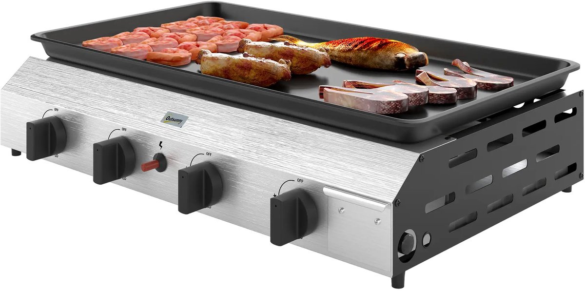 Gasgrill - Gasbarbecue en grill op tafel - 4 roestvrijstalen branders en drukregelaar - 44 x 44,5 x 19 cm, zilver + zwart
