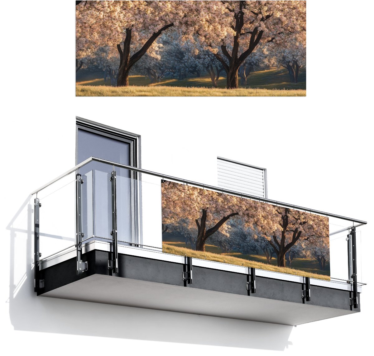 Balkonscherm 300x130 cm - Balkonposter Bomen - Bloesem - Lente - Balkon scherm decoratie -
