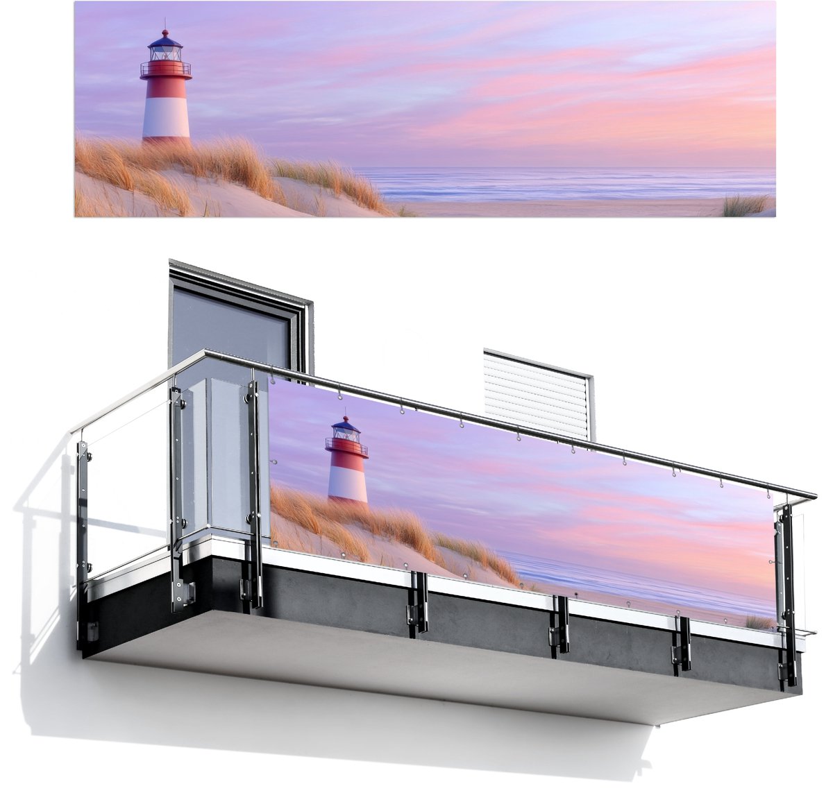 Balkonscherm 300x95 cm - Balkonposter Vuurtoren - Duinen - Zonsondergang - Balkon scherm d