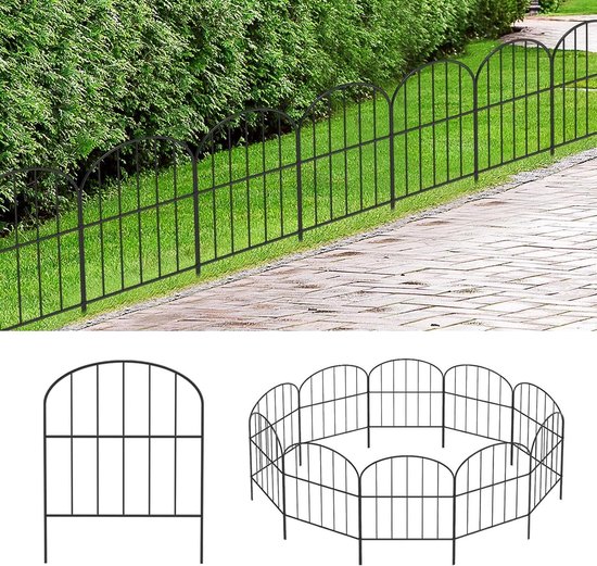 Decoratieve tuinhek, 10 stuks, metalen hekelementen, tuinhekken, decoratief, vijverhek, complete set, omheining voor de tuin, metalen hekelementen, roosterhek, bovenboog, tuin, honden