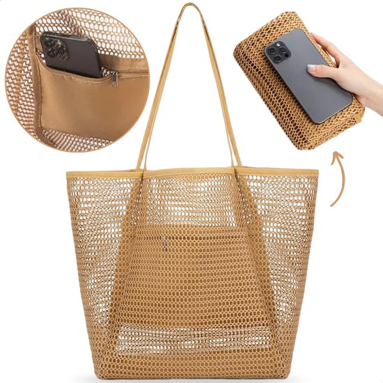 Boncy® Sac de plage zippé XL - Grand sac à bandoulière pliable pour la plage - Sacs de plage en paille pour femmes et hommes - Sacs d' épaule XXL - Sac fourre-tout en paille - Sac bohème zippé pour Adultes Ibiza