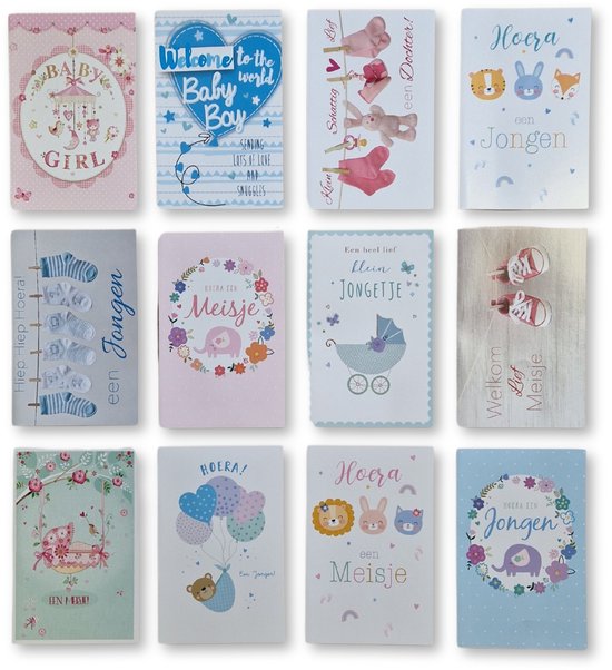 12 Cards & Crafts Luxe Geboortekaartjes - Geboorte wenskaarten Zoon / Dochter - 12x17cm - Gevouwen kaarten met enveloppen