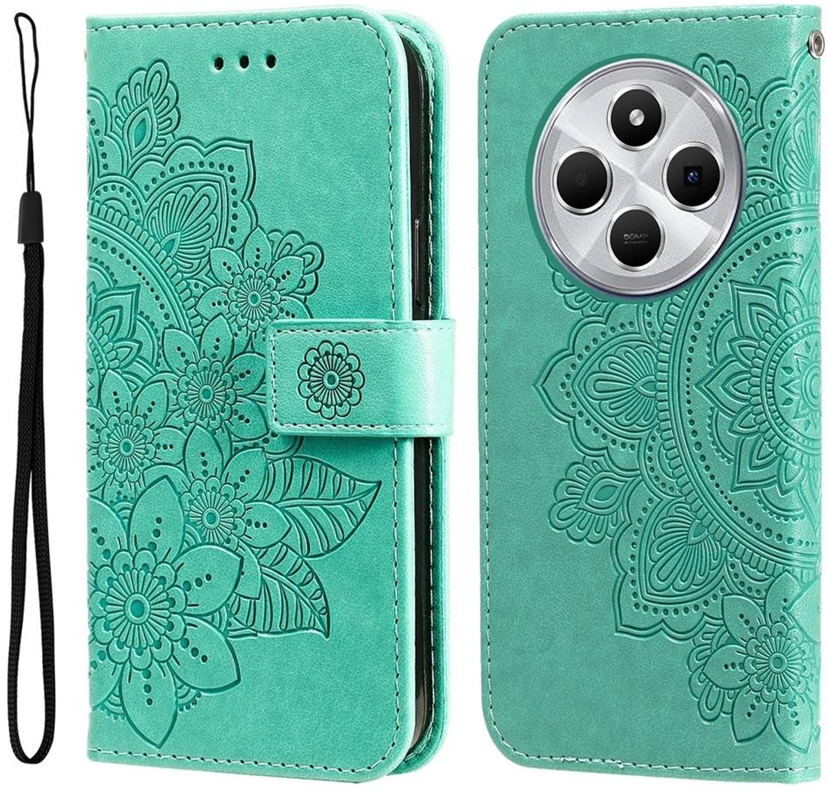 Mobigear Telefoonhoesje geschikt voor Xiaomi Redmi 14C Hoesje | Mobigear Flowers Bookcase Portemonnee | Pasjeshouder voor 3 Pasjes | Telefoonhoesje voor Pinpas / OV Kaart / Rijbewijs - Groen