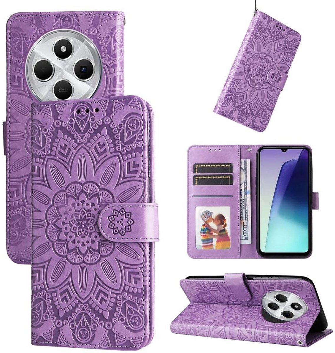 Mobigear Telefoonhoesje geschikt voor Xiaomi Redmi 14C Hoesje | Mobigear Sunflower Bookcase Portemonnee | Pasjeshouder voor 3 Pasjes | Telefoonhoesje voor Pinpas / OV Kaart / Rijbewijs - Paars