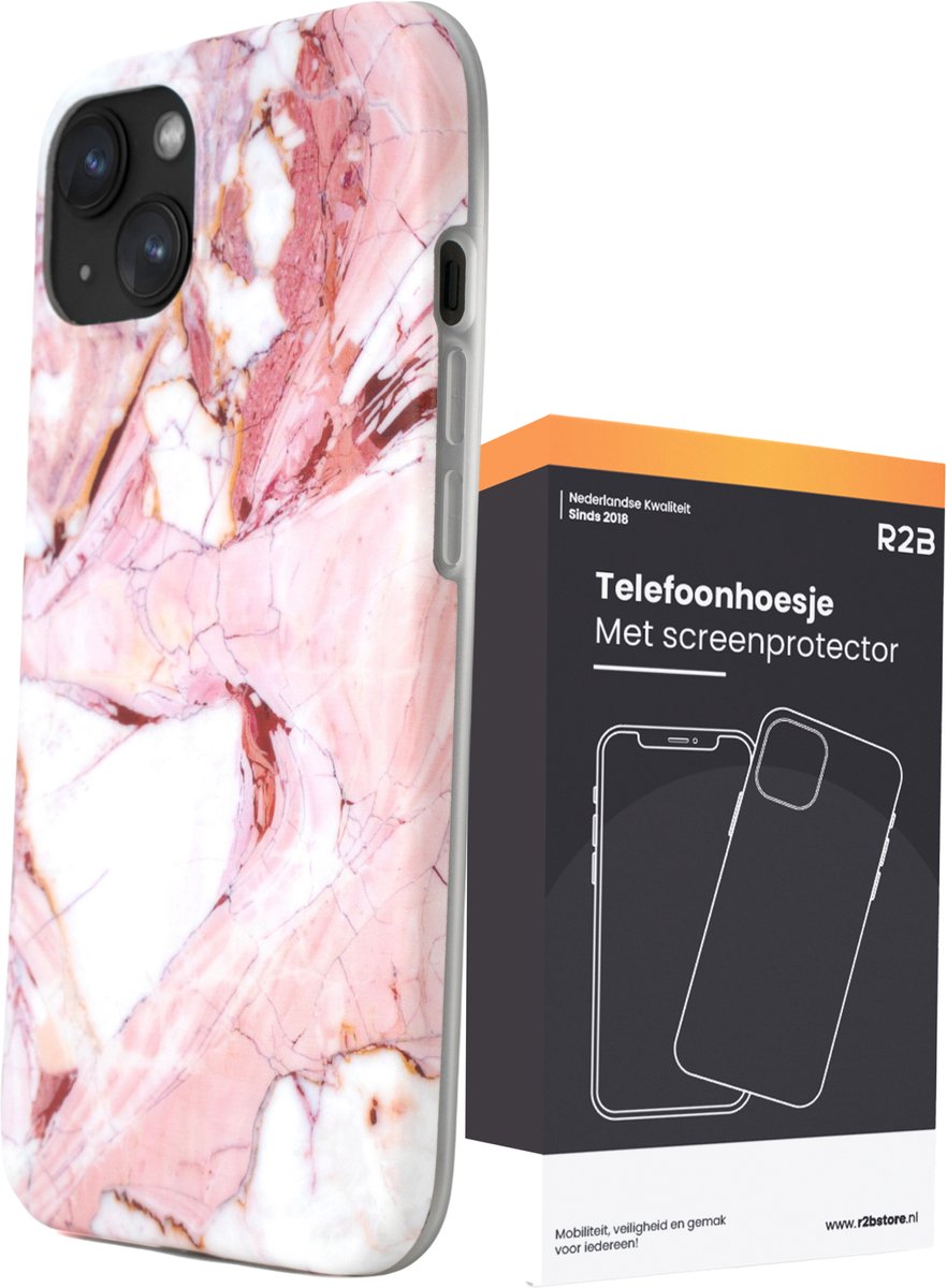 R2B Hoesje geschikt voor iPhone 13 - Marmer - Screenprotector - Roze/Wit/Oranje - Telefoonhoesjes - Gsm Hoesje - Phone Case - Model de Bilt