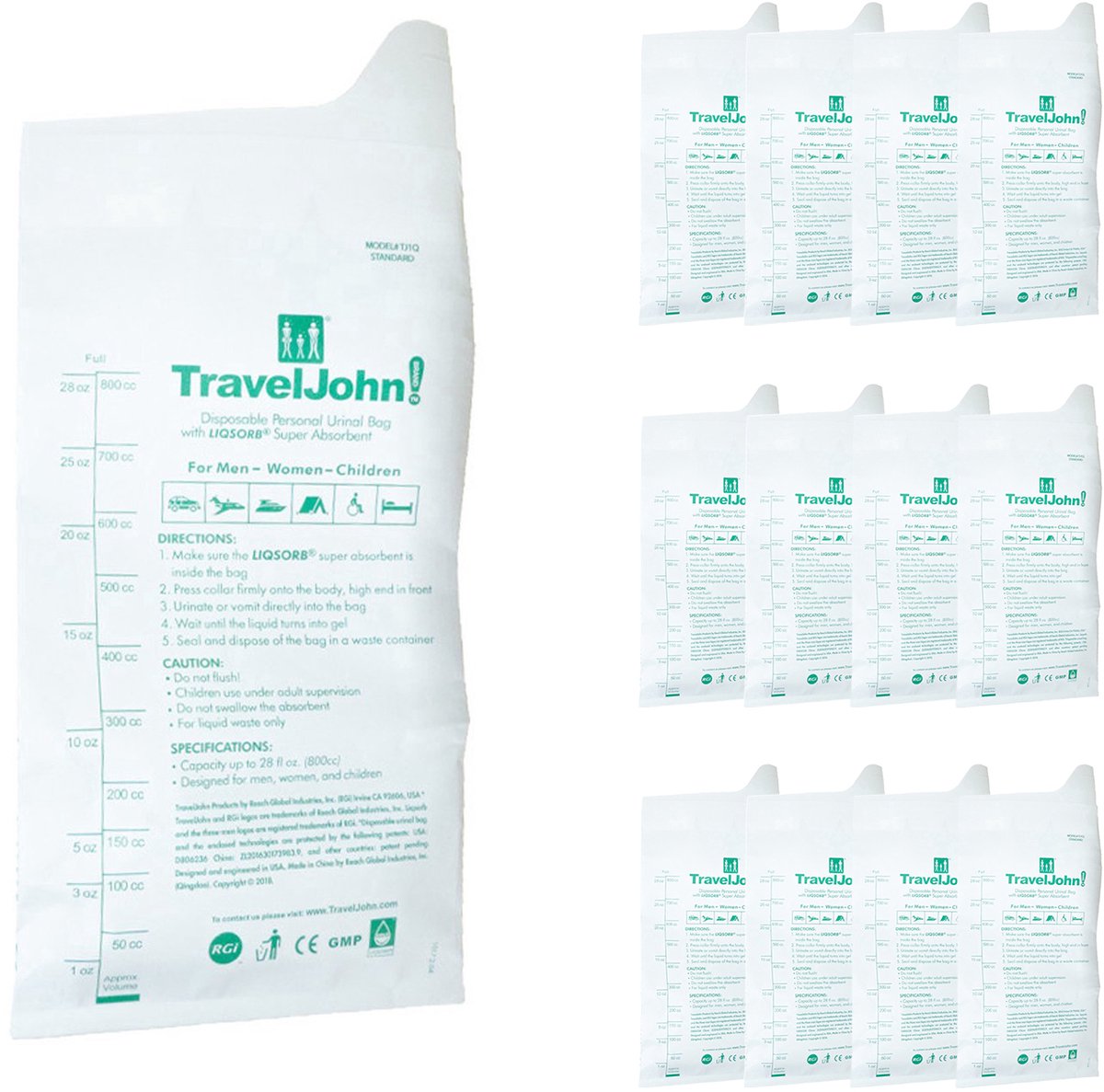 TravelJohn Plaszak - 12 stuks - 800 ml - Lekvrij & Geurloos - Unisex Wegwerp Urinaal - Reis toilet - Noodtoilet - Papier