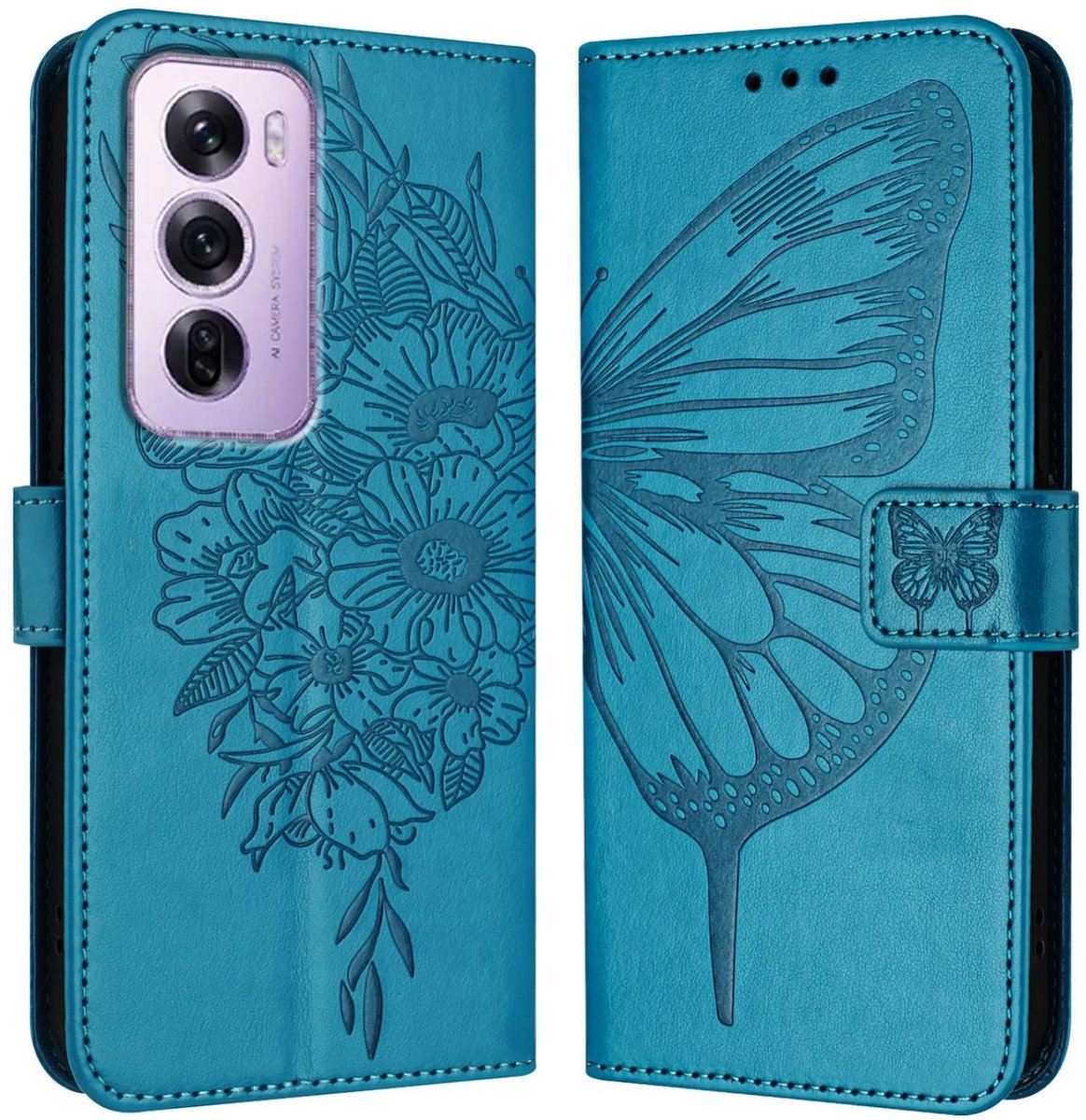 Mobigear Telefoonhoesje geschikt voor OPPO Reno 12 Pro Hoesje | Mobigear Butterfly Bookcase Portemonnee | Pasjeshouder voor 3 Pasjes | Telefoonhoesje voor Pinpas / OV Kaart / Rijbewijs - Blauw