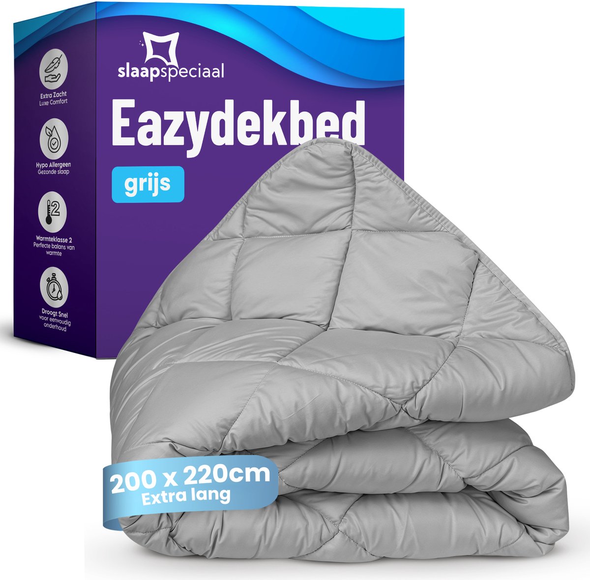 Slaapspeciaal eazydekbed 200x220 cm - Licht Grijs - Dekbed Zonder Overtrek – Gekleurd Dekbed – Hoesloos Dekbed - Extra Lang - Luxe Gelvezels - Anti-Allergisch & Perfect Voor Elk Seizoen - Tweerpersoons Dekbed
