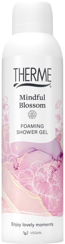Therme Mindful Blossom schuimende douchegel met roze, paarse en gouden bloemendesigns op de fles.
