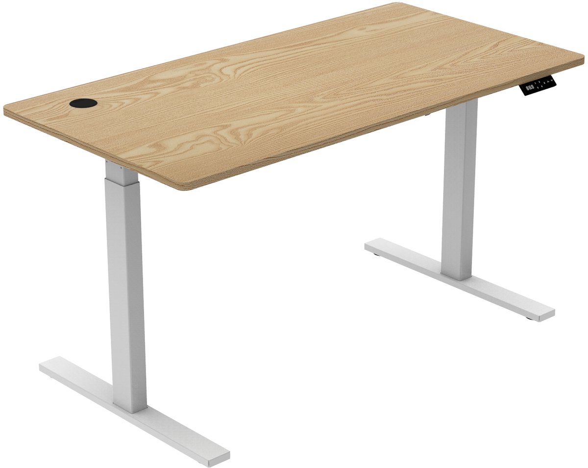 Zit sta bureau elektrisch verstelbaar | 140x70 cm | frame wit - blad licht eiken | Memory bediening