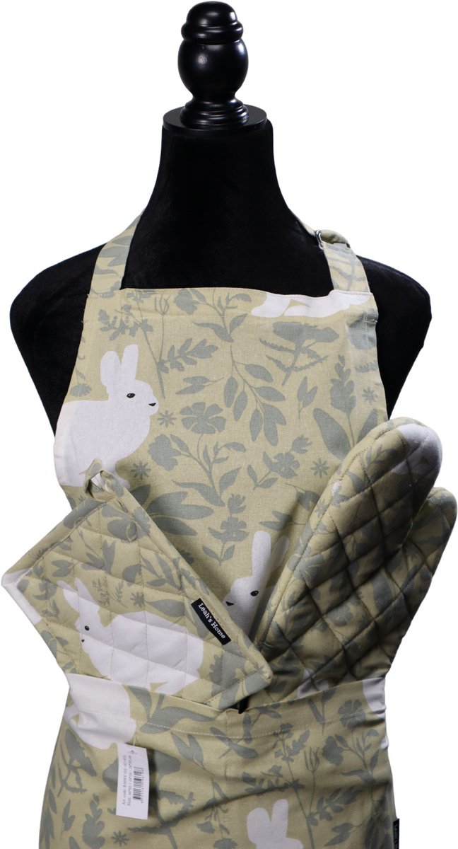 Keukenset 3-delig – Schort + Ovenwant + Pannenlap – Voor Haar – Kookcadeau - Cadeauset - Konijn - Rabbit - Pasen