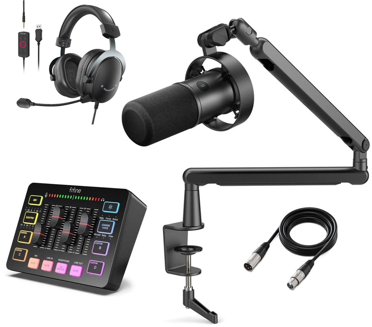 FIFINE - Power Package Pro - Streaming / Gaming / Podcast Starterpack - Microfoon met Arm - Mixer - Headset - XLR Kabel - T688 - BM88 - SC3 - L9