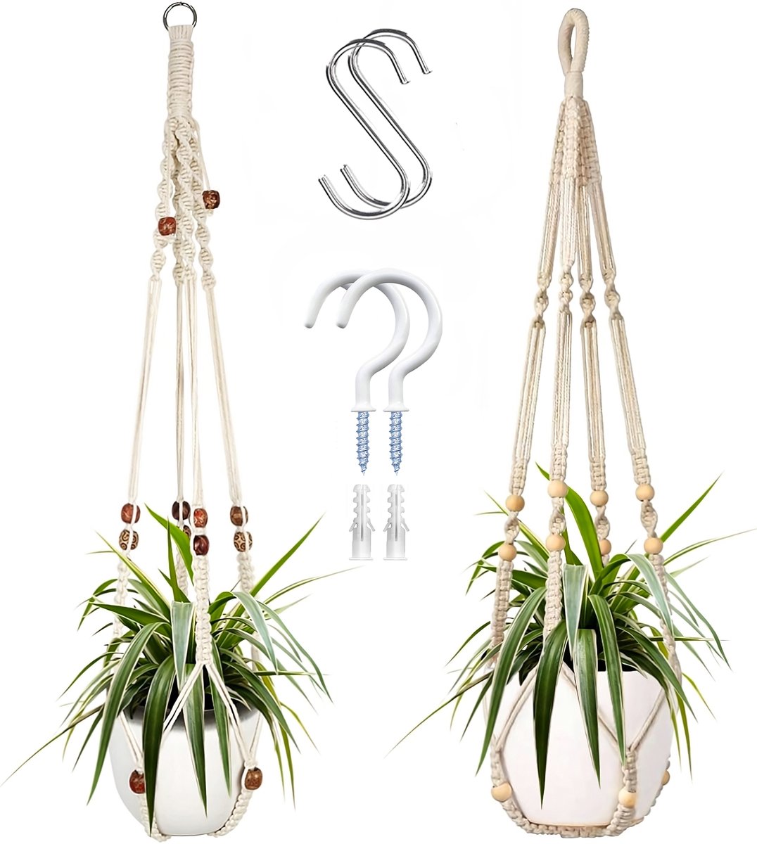 2 Stuks Luxe Macrame Plantenhangers - Boho Handgeweven Katoen Hangpot voor Binnen/Buiten - Hangende Bloempot met Kralen - Macramé Touw/Koord Hangplant Houder - Bohemian Wandhanger Decoratie - Plant Hanger - Verticale Tuin Bloempothouder Planthanger