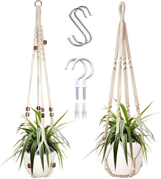2 Stuks Luxe Macrame Plantenhangers - Boho Handgeweven Katoen Hangpot voor Binnen/Buiten - Hangende Bloempot met Kralen - Macramé Touw/Koord Hangplant Houder - Bohemian Wandhanger Decoratie - Plant Hanger - Verticale Tuin Bloempothouder Planthanger