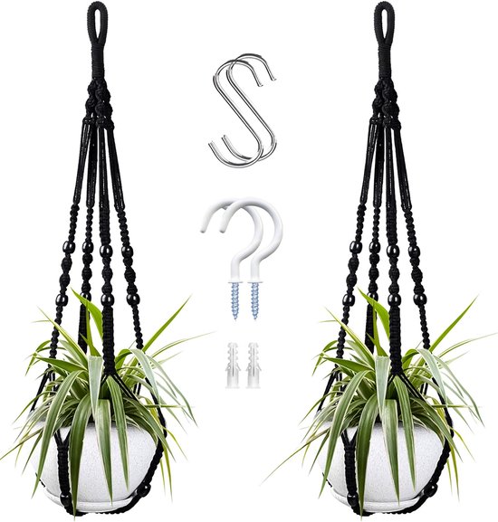 2 Luxe Macrame Plantenhangers Zwart - Boho Handgeweven Katoen Hangpot voor Binnen/Buiten - Hangende Bloempot met Kralen - Macramé Touw/Koord Hangplant Houder - Bohemian Wandhanger Decoratie - Plant Hanger - Verticale Tuin Bloempothouder Planthanger