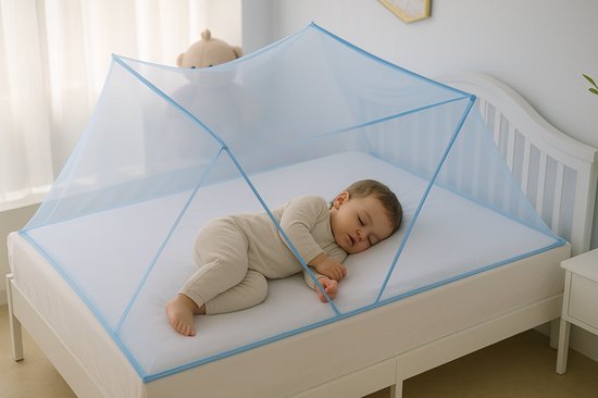 Blauwe klamboe over een slapende baby in een ledikant.