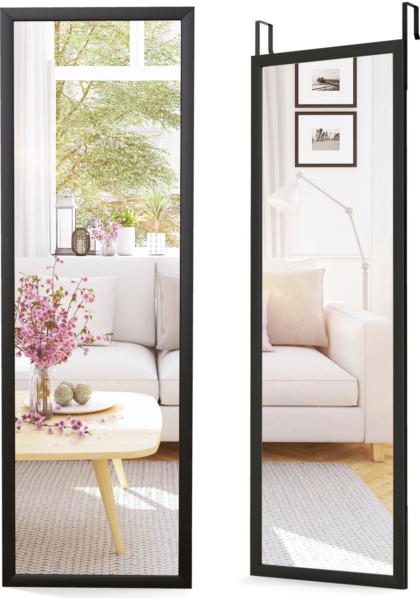 Costway Wandspiegel, full-body spiegel met in hoogte verstelbare ophanghaken, deurspiegel, onbreekbaar, garderobespiegel, hangspiegel, gangspiegel, spiegel voor slaapkamer en woonkamer, 107 x 36,5 cm Zwart