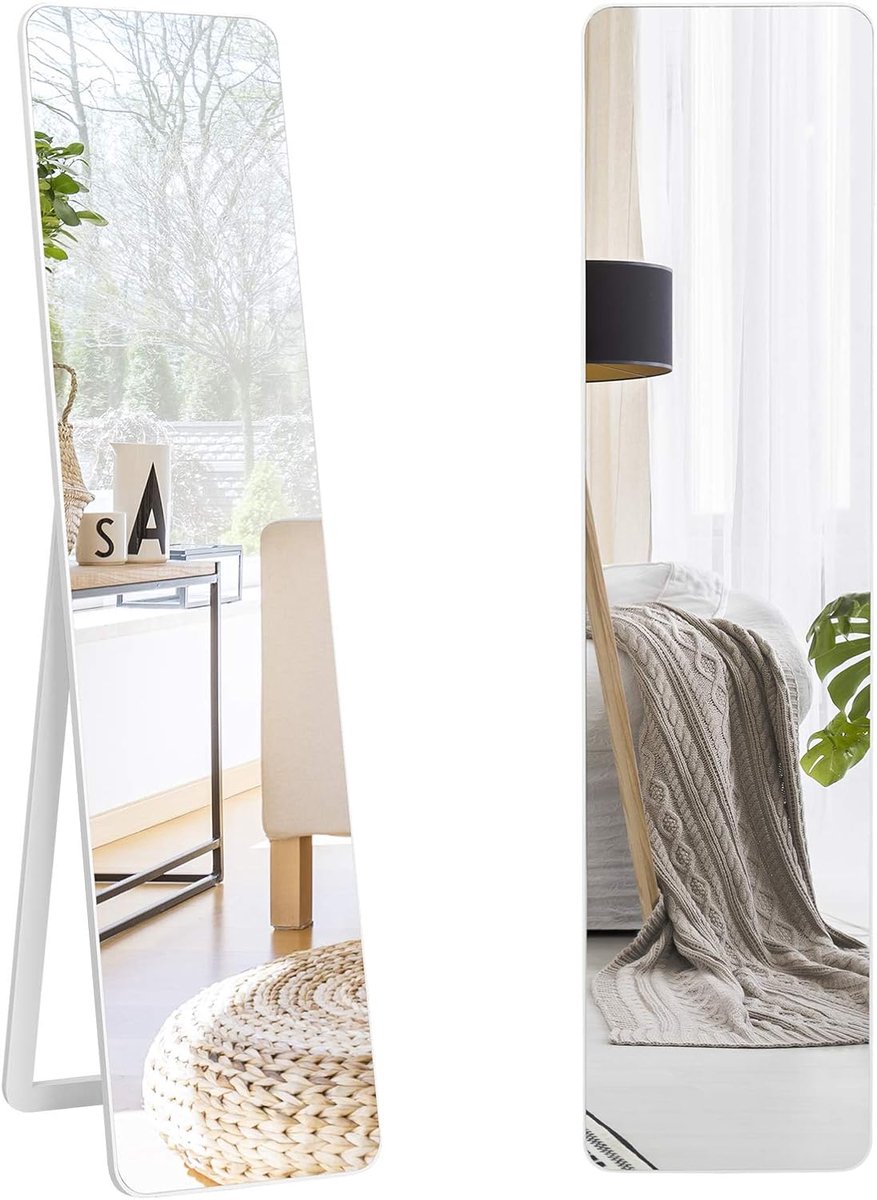 Costway Grote spiegel 160 x 37 cm, vloerspiegel met standaard, vrijstaande of wandgemonteerde spiegel, volledige spiegel met massief houten frame en afgeronde hoeken, staande spiegel voor slaapkamer woonkamer wit