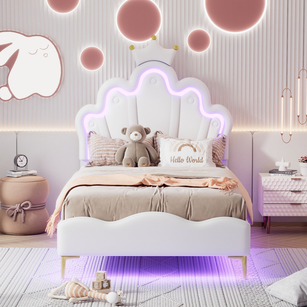 90 x 200cm Eenpersoonsbed - kroonvormig prinsessenbed - PU-lederen bekleding - verstelbare LED-sfeerlichtstrip - wit - zonder matras