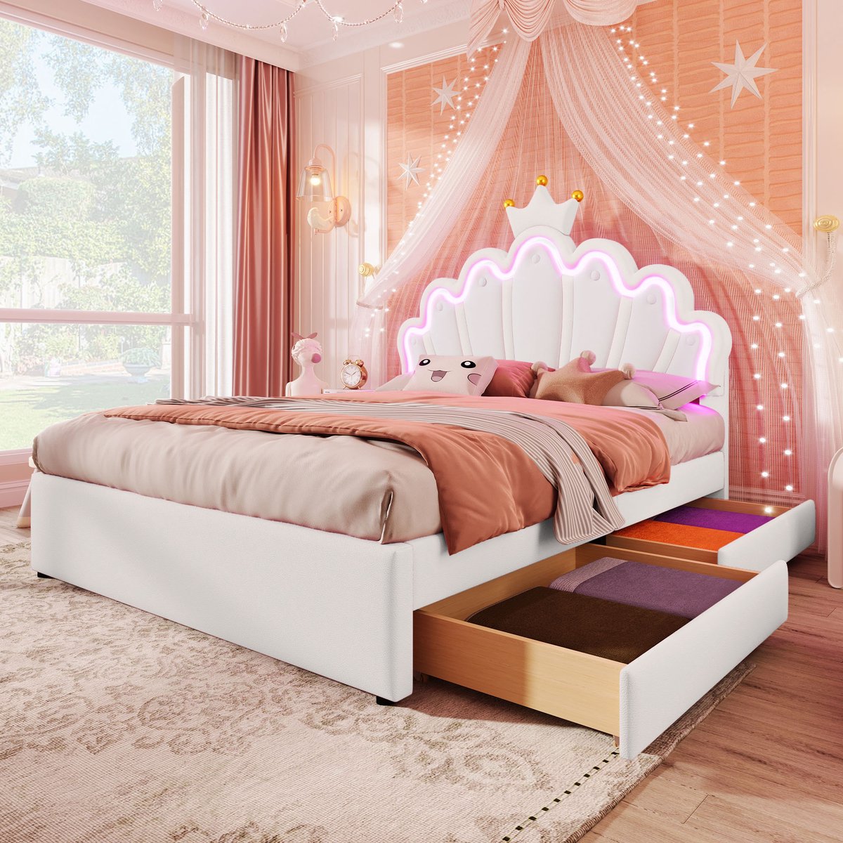 Gestoffeerd bed - 140 x 200cm - zonder matras - sfeerverlichting op afstand - prinsessenbed in kroonvorm - verstelbaar hoofdeinde - PU - Wit