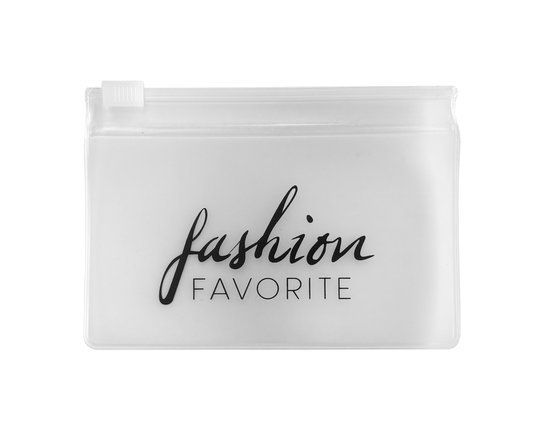 Transparante etui met witte tekst 'fashion FAVORITE'.