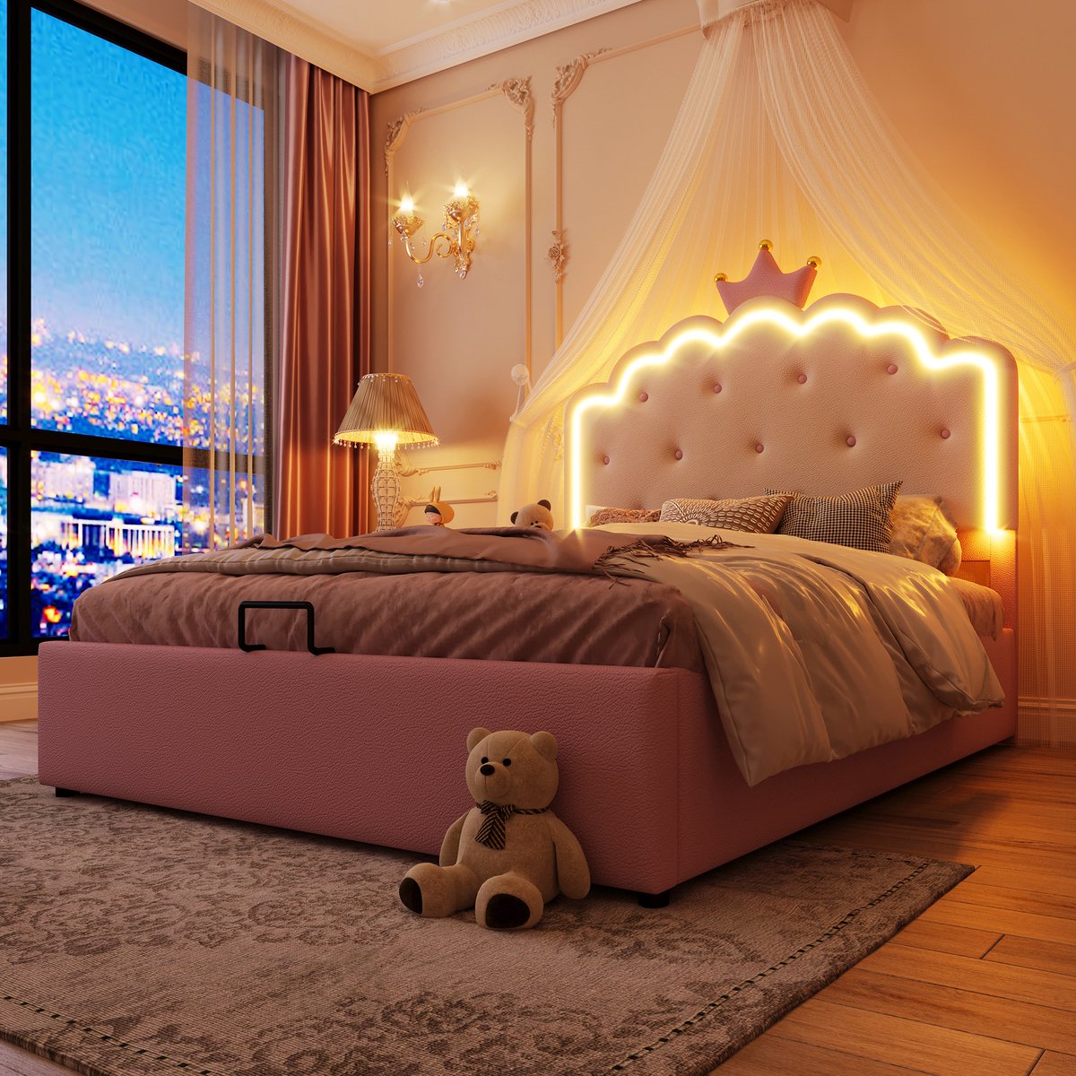 Gestoffeerd bed - 140 x 200cm - zonder matras - Op afstand bedienbaar sfeerlicht - Kroonprinsesvorm - Hydraulische opbergruimte - PU - Roze