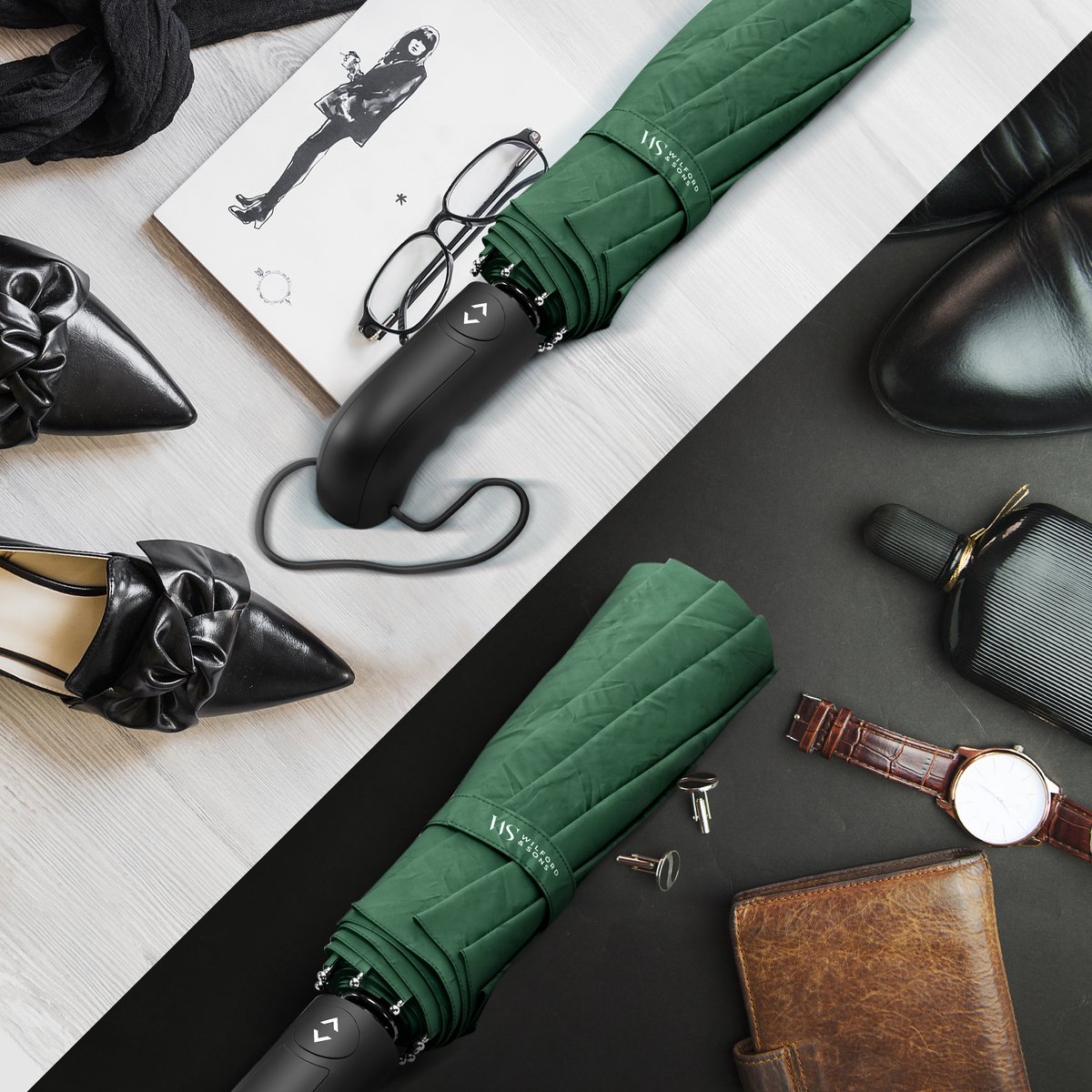 Wilford & Sons Stormparaplu Opvouwbaar Zak Paraplu Stormproof + Knop Automatisch & Beschermhoes | Heren Dames - Compact Stevig, Teflon Wind & Waterdicht Handvat Polsstrap| Reisparaplu Zakparaplu Golf, Groen - Dubble Dak — cadeau in Cadeau-ideeën - foto 6