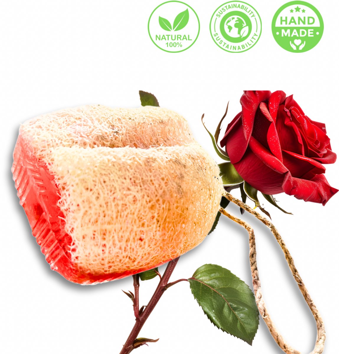 De Vitamineshop - Zeep - Natuurlijke Rozen Zeep Blok met Luffa en Koord – 100% Natuurlijke & Handgemaakte Loofah Scrubzeep - Handzeep - Douchezeep - Cadeau - 175 gr