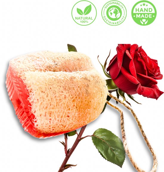 De Vitamineshop - Zeep - Natuurlijke Rozen Zeep Blok met Luffa en Koord – 100% Natuurlijke & Handgemaakte Loofah Scrubzeep - Handzeep - Douchezeep - Cadeau - 175 gr