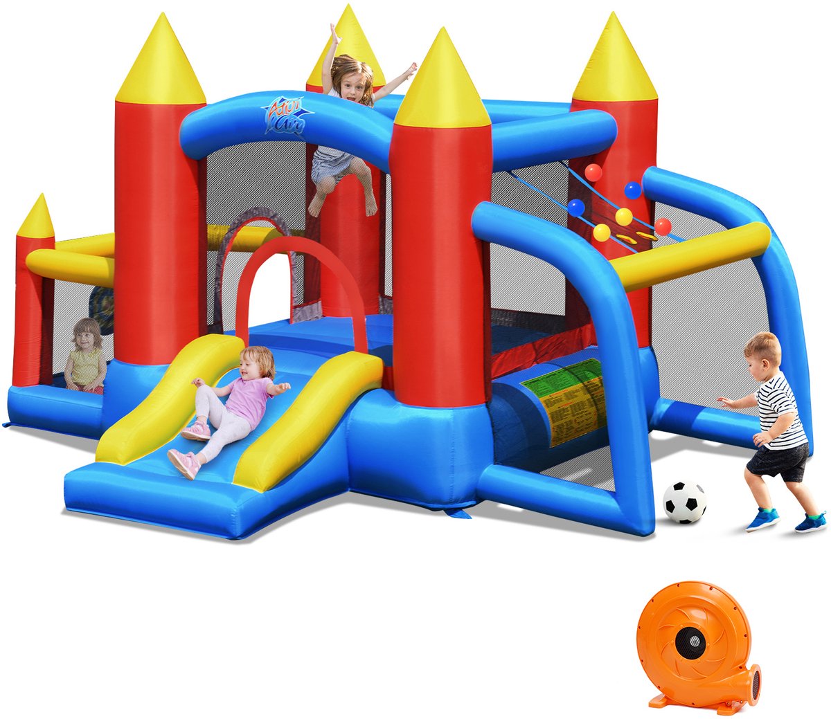COSTWAY Springkasteel + 450 W blazer, springslot, outdoor bouncer met glijbaan, 60 oceaanballen, voetbaldoel, 2 dartpijlen, draagtas, palen, reparatiepakket 350 x 275 x 196 cm