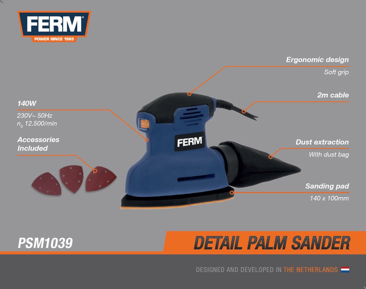 FERM- PSM1039 - Vlakschuurmachine - Deltaschuurmachine - 140W - Schuurzool: - 140x100mm - 12.500/min - Klittenband - 2m kabel - Softgrip - Stofzak - 3 schuurvellen - Palm schuurmachine -Detail palm sander – foto 6