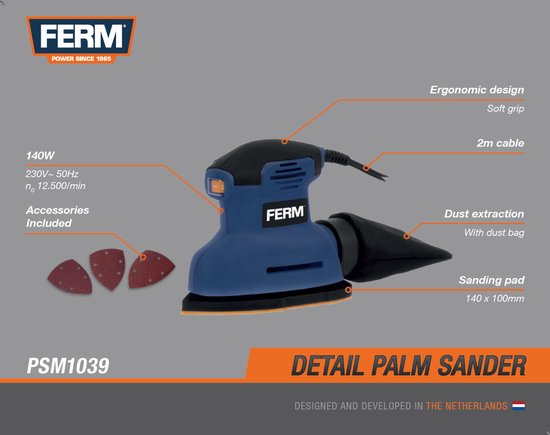 Gedetailleerde afbeelding van de blauwe FERM detail schuurmachine PSM1039, met markeringen voor functies en specificaties.