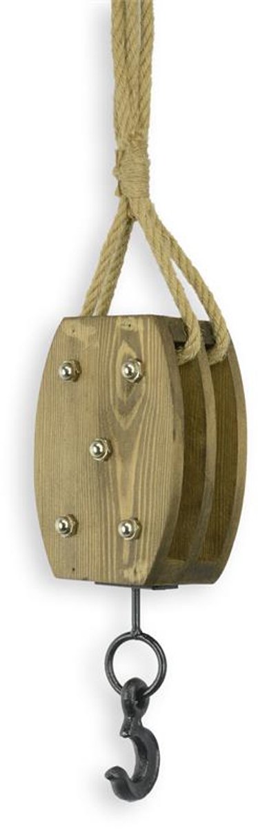 Houten hijshaak met katrol – Decoratieve industriële pully – Vintage hijsblok – Unieke loft- en wanddecoratie – 30 cm