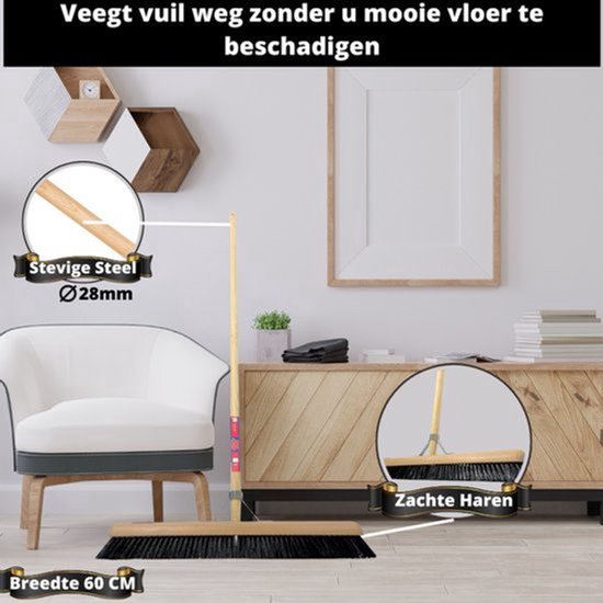 Synx Tools Paardenhaar 60cm + Vloertrekker Kunststof 45cm met Steel 150cm - Zaalveger - Vloerreiniger - Natuurrubber - Zachte binnenbezem met steel 150cm van Synx Tools — afbeelding 5