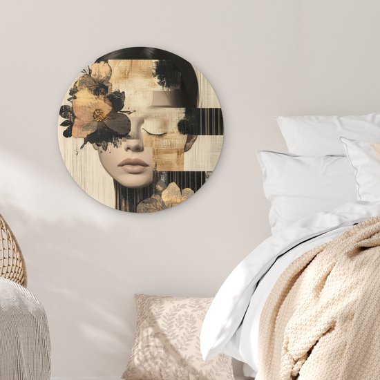 WallCircle® Cercle mural 60x60 cm - Cercle mural Visage - Fleurs - Zwart - Femme - Décoration murale salon - Décoration murale chambre - Accessoires de décoration de chambre - Tableaux ronds