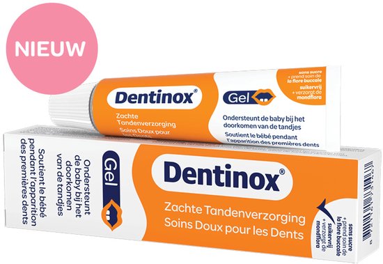 Tube en doos Dentinox Gel. Nieuw. Zachte tandenverzorging, Soins doux pour les dents. Voor baby's met doorkomende tandjes.
