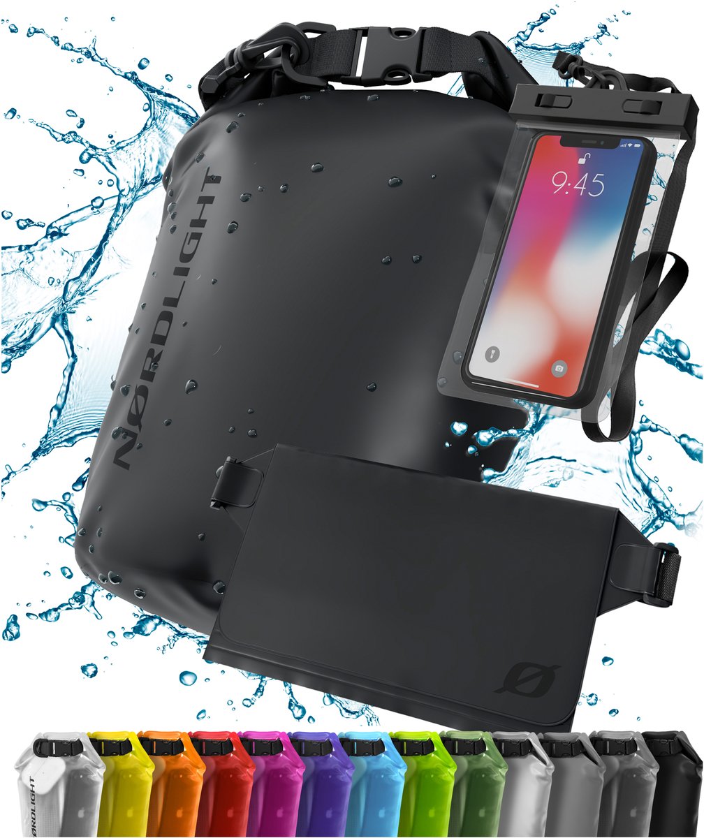 NORDLIGHT Waterdichte Dry Bag met telefoonzak en heuptas - (5L, Zwart) Waterdichte droge zak met rolsluiting | Zwemmen, varen, strand, staand peddelen