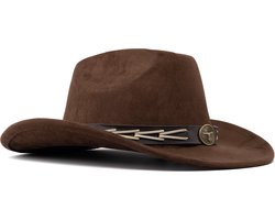 KIMU Cowboyhoed Donkerbruin Gevlochten Band - Donkerbruine Cowboy Western Hoed Vlecht Dames Heren - Cowgirl Touw Zwart Wit Festival