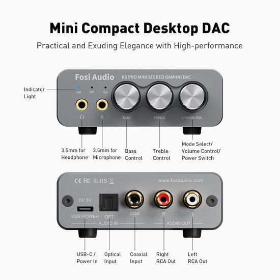 Fosi Audio K5 Pro DAC Amp Koptelefoonversterker - USB C/Coaxiaal/Optisch naar 3.5mm AUX/RCA-aansluiting - voor Gaming — afbeelding 2
