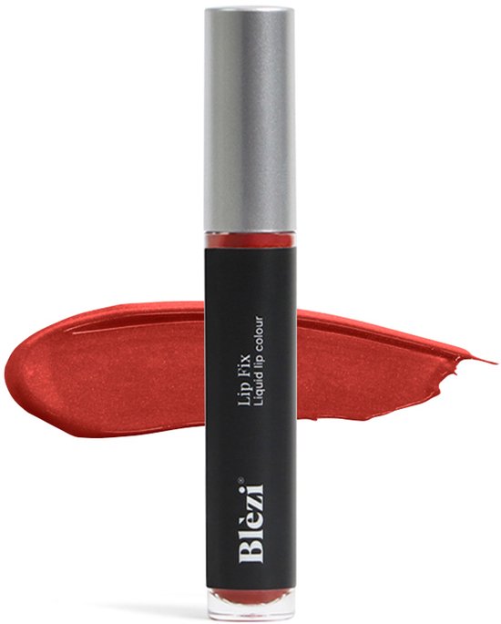 Blèzi Lip Fix vloeibare lippenstift, koperrood met swatch.