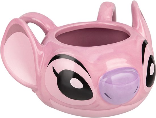 Tasse Angel rose avec de grands yeux noirs, un museau violet et deux oreilles.